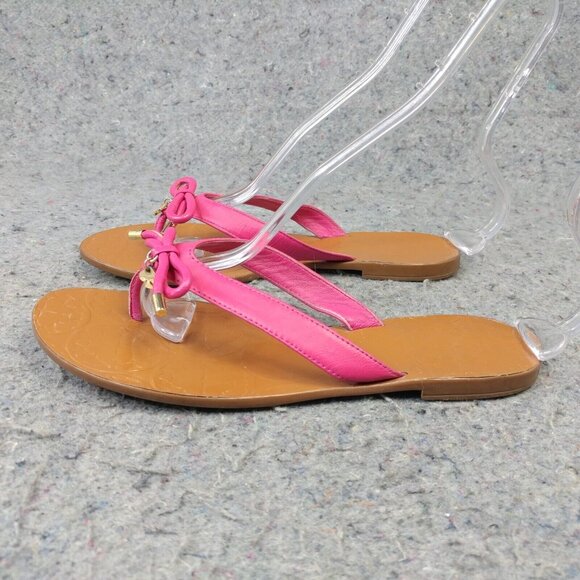 Kate Spade New York Flip Flop Womens 7 Thong Sandals Pink Bow Gold Charm Logo - Picture 1 of 11